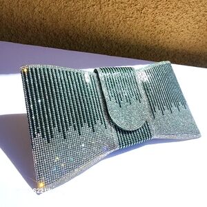 Women's Stylish Silver & Green Rhinestone Bowtie Shape Clutch Handbag Purse